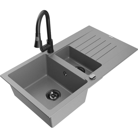 Granitsænke Mexen Matias 1,5-kammer med afløbsplade og Elia køkkenarmatur i grå, 1 sæt