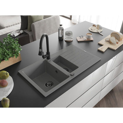 Granitsænke Mexen Matias 1,5-kammer med afløbsplade og Elia køkkenarmatur i grå, 1 sæt