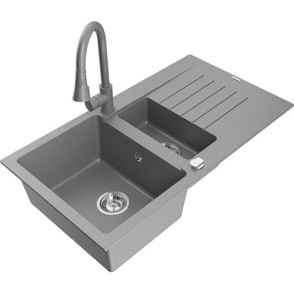 Granitsænke 1,5-kammer Mexen Matias med afløbsplade og Elia køkkenarmatur i grå, 1 sæt