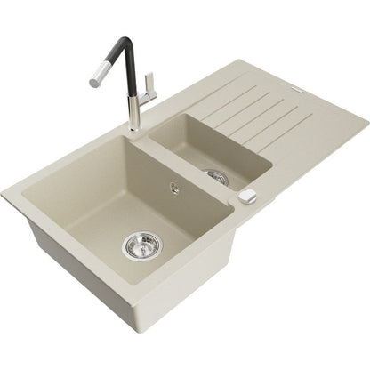 Granitsæbe 1,5-kammer Mexen Matias med afløbsplade og Flora køkkenarmatur i beige, 1 sæt