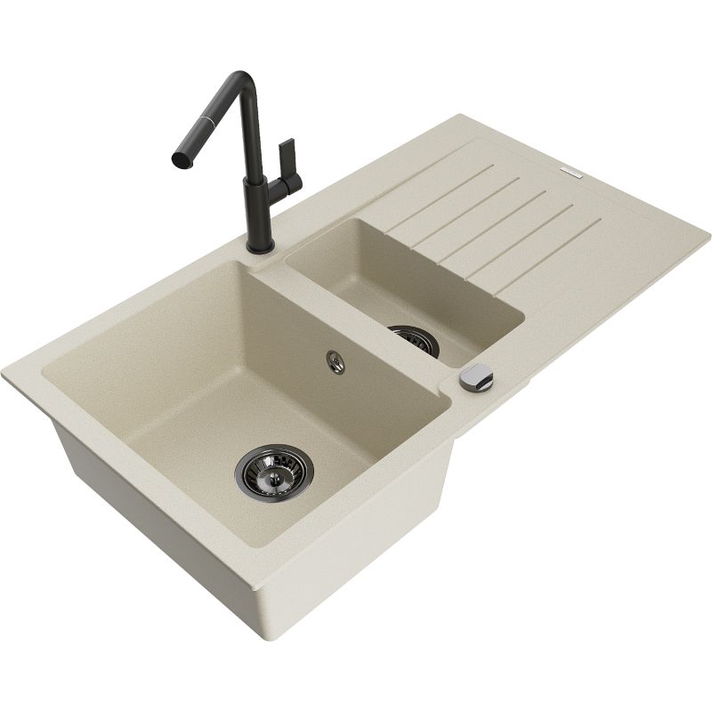 Granitsænke Mexen Matias 1,5-kammer med afløbsbakke og Flora køkkenarmatur i beige, 1 sæt