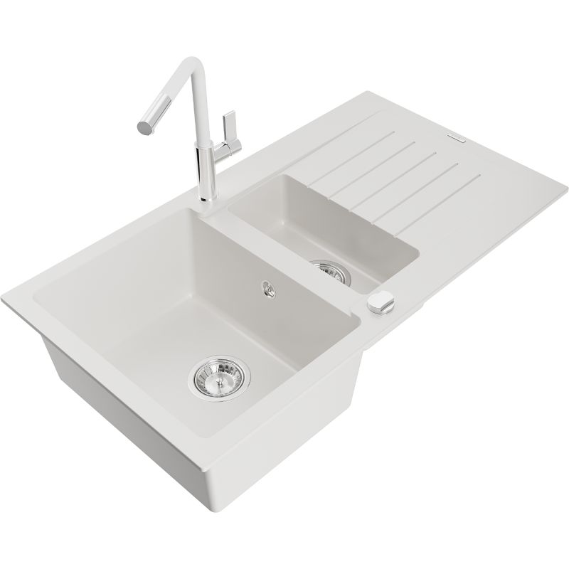 Granitsænke Mexen Matias 1,5-kammer med afløbsplade og Flora køkkenarmatur, hvid, 1 sæt