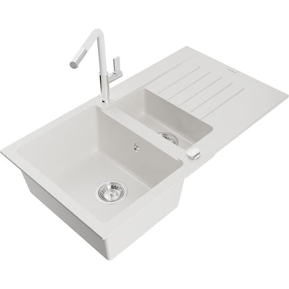 Granitsænke Mexen Matias 1,5-kammer med afløbsplade og Flora køkkenarmatur, hvid, 1 sæt