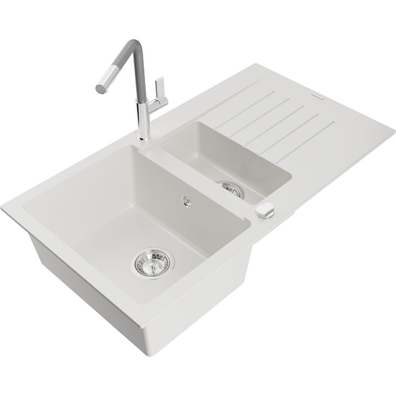 Mexen Matias granitvask 1,5-kammer med afløbsplade og Flora køkkenbatteri, hvid, 1 sæt