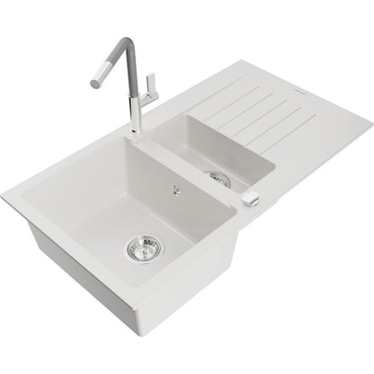 Mexen Matias granitvask 1,5-kammer med afløbsplade og Flora køkkenbatteri, hvid, 1 sæt