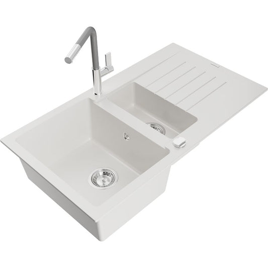 Mexen Matias granitvask 1,5-kammer med afløbsplade og Flora køkkenbatteri, hvid, 1 sæt