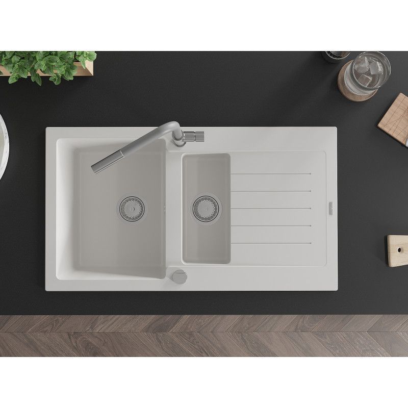Mexen Matias granitvask 1,5-kammer med afløbsplade og Flora køkkenbatteri, hvid, 1 sæt