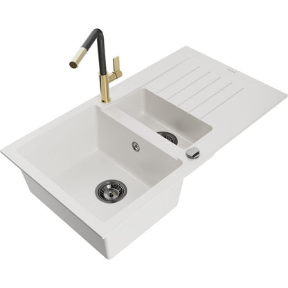 Mexen Matias granitvask 1,5-kammer med afløbsplade og Flora køkkenarmatur i hvid, 1 sæt