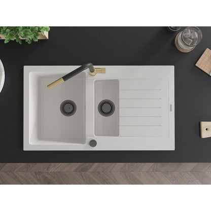 Mexen Matias granitvask 1,5-kammer med afløbsplade og Flora køkkenarmatur i hvid, 1 sæt