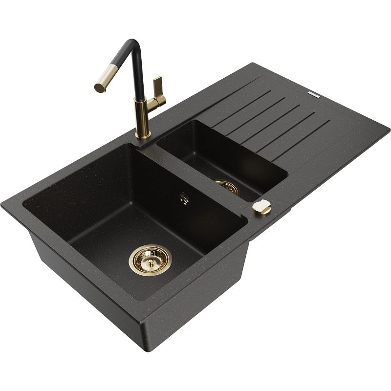 Granitsænke Mexen Matias 1,5-kammer med afløbsplade og Flora køkkenarmatur i sort/guld, 1 sæt