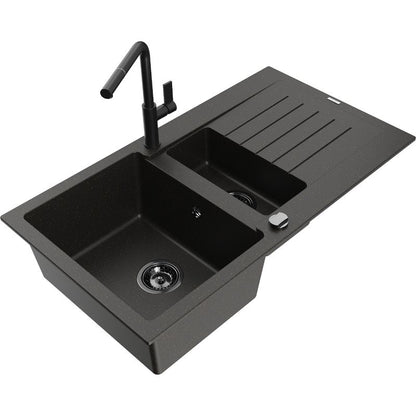 Granitsænke Mexen Matias 1,5-kammers med afløbsbakke og Flora køkkenarmatur i sort/guld, 1 sæt