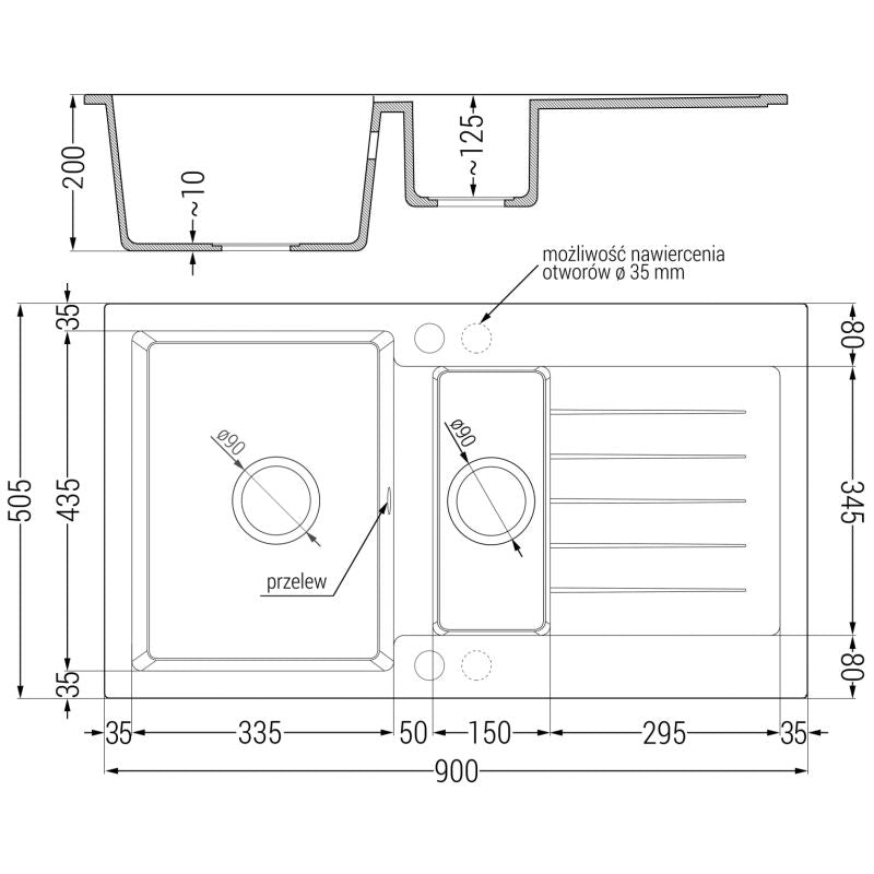 Granitsænke Mexen Matias 1,5-kammers med afløbsbakke og Flora køkkenarmatur i sort/guld, 1 sæt