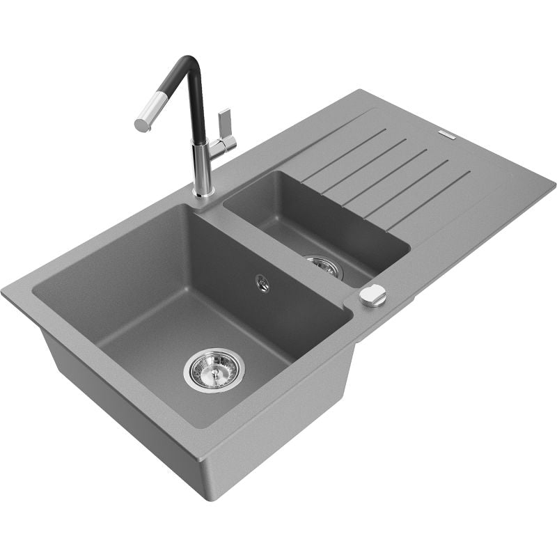 Granitsænke Mexen Matias 1,5-kammers med afløbsplade og Flora køkkenarmatur i grå – 1 sæt