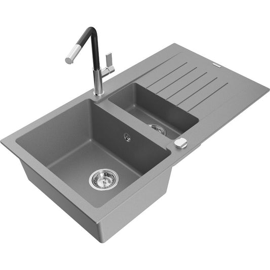 Granitsænke Mexen Matias 1,5-kammers med afløbsplade og Flora køkkenarmatur i grå – 1 sæt