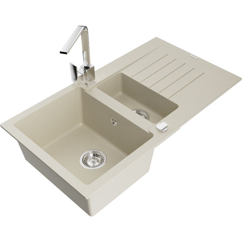 Granitsænke Mexen Matias 1,5-kammer med afløbsbakke og køkkenarmatur Rita i beige, 1 sæt