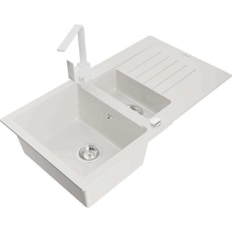 Mexen Matias granitvask 1,5-kammer med afløbsplade og Rita køkkenarmatur i hvidt, 1 sæt