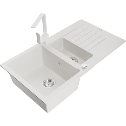 Mexen Matias granitvask 1,5-kammer med afløbsplade og Rita køkkenarmatur i hvidt, 1 sæt