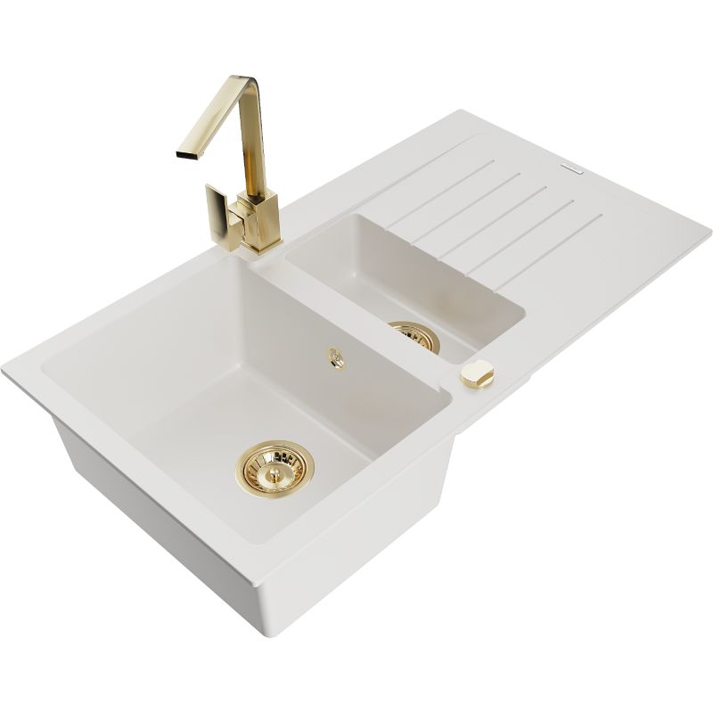 Mexen Matias granitvask 1,5-kammer med afløbsplade og Rita køkkenarmatur i hvid – komplet sæt