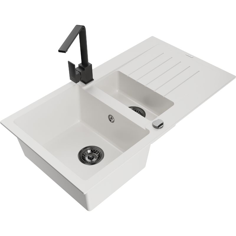 Granitsænke Mexen Matias 1,5-kammer med afløbsplade og køkkenarmatur Rita, hvid, 1 sæt