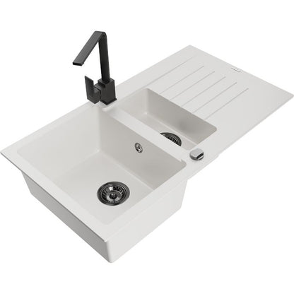 Granitsænke Mexen Matias 1,5-kammer med afløbsplade og køkkenarmatur Rita, hvid, 1 sæt