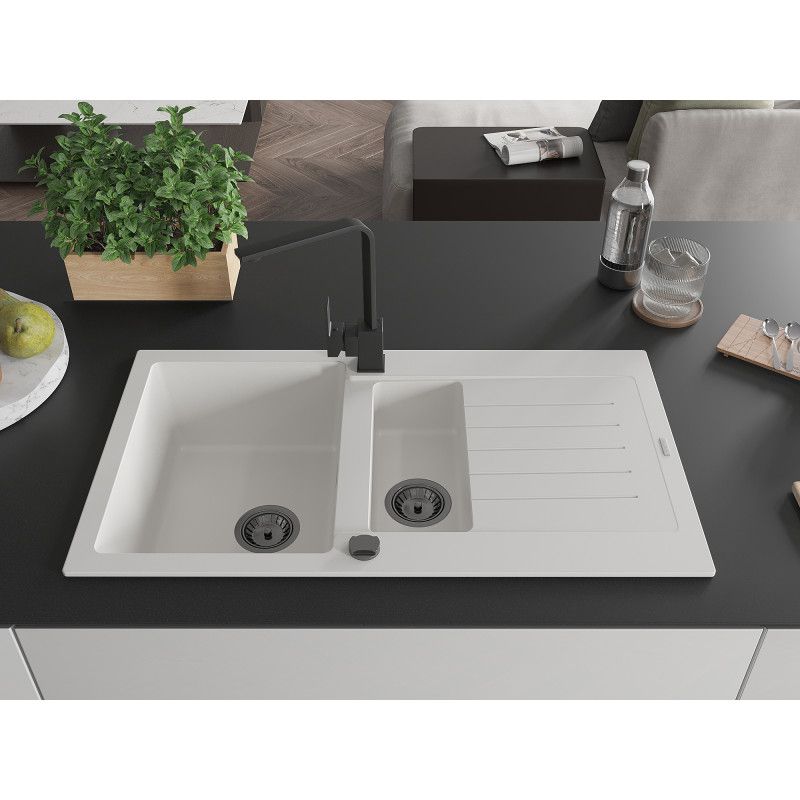 Granitsænke Mexen Matias 1,5-kammer med afløbsplade og køkkenarmatur Rita, hvid, 1 sæt