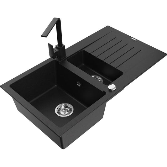 Granitsænke Mexen Matias 1,5-kammer med afløbsplade og sort køkkenarmatur Rita, 1 sæt