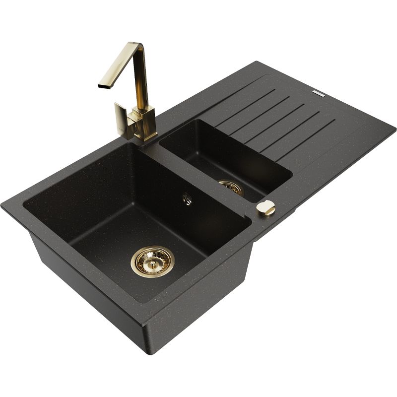 Mexen Matias granitvask 1,5-kammers med afløbsplade og Rita køkkenarmatur i sort/guld, 1 sæt