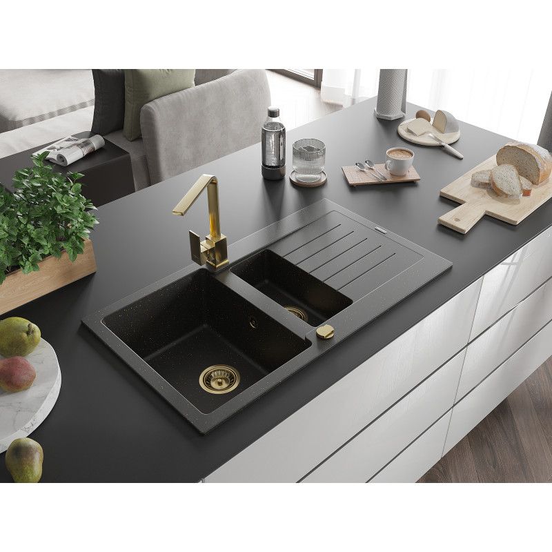 Mexen Matias granitvask 1,5-kammers med afløbsplade og Rita køkkenarmatur i sort/guld, 1 sæt