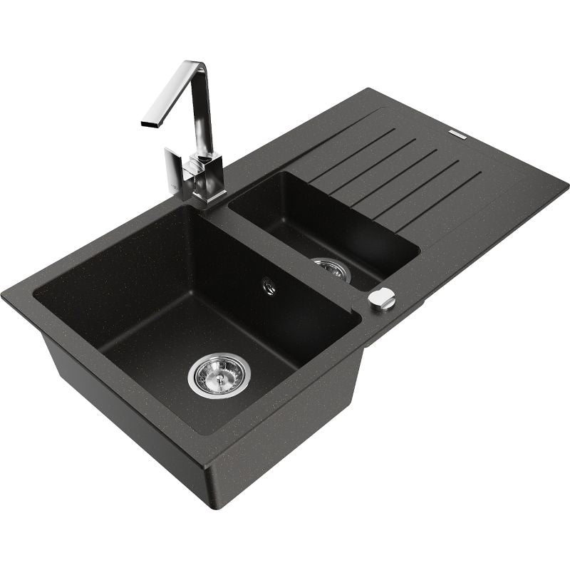 Mexen Matias granitvask 1,5-kamret med afløbsplade og Rita køkkenarmatur i sort/guld, 1 sæt