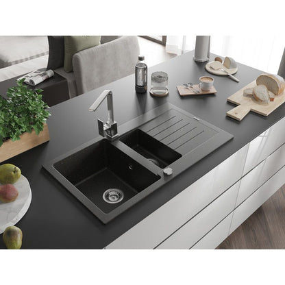 Mexen Matias granitvask 1,5-kamret med afløbsplade og Rita køkkenarmatur i sort/guld, 1 sæt