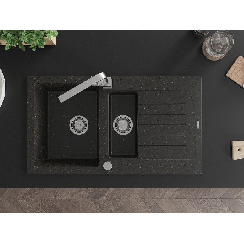 Mexen Matias granitvask 1,5-kamret med afløbsplade og Rita køkkenarmatur i sort/guld, 1 sæt