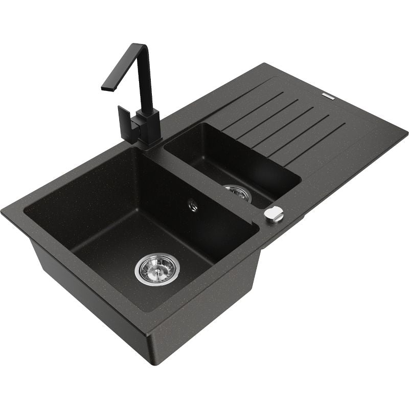 Granitsænke Mexen Matias 1,5-kammer med afløbsplade og køkkenarmatur Rita i sort/guld, 1 sæt