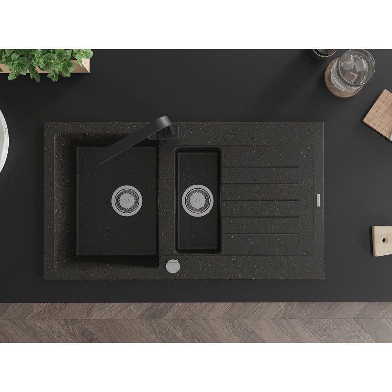 Granitsænke Mexen Matias 1,5-kammer med afløbsplade og køkkenarmatur Rita i sort/guld, 1 sæt