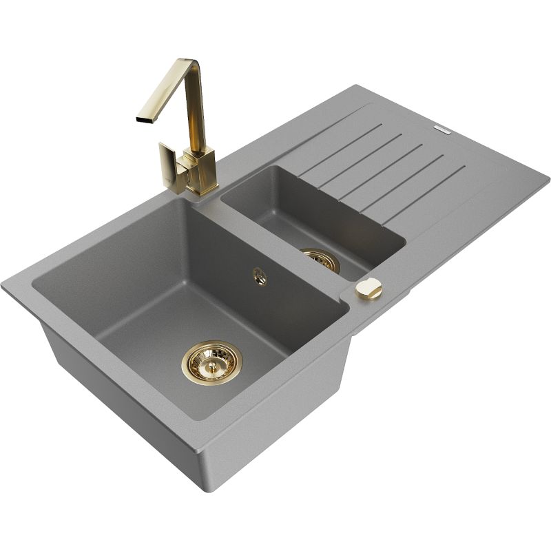 Granitsænke Mexen Matias 1,5-kammers med afløbsplade og Rita køkkenarmatur i grå, 1 sæt
