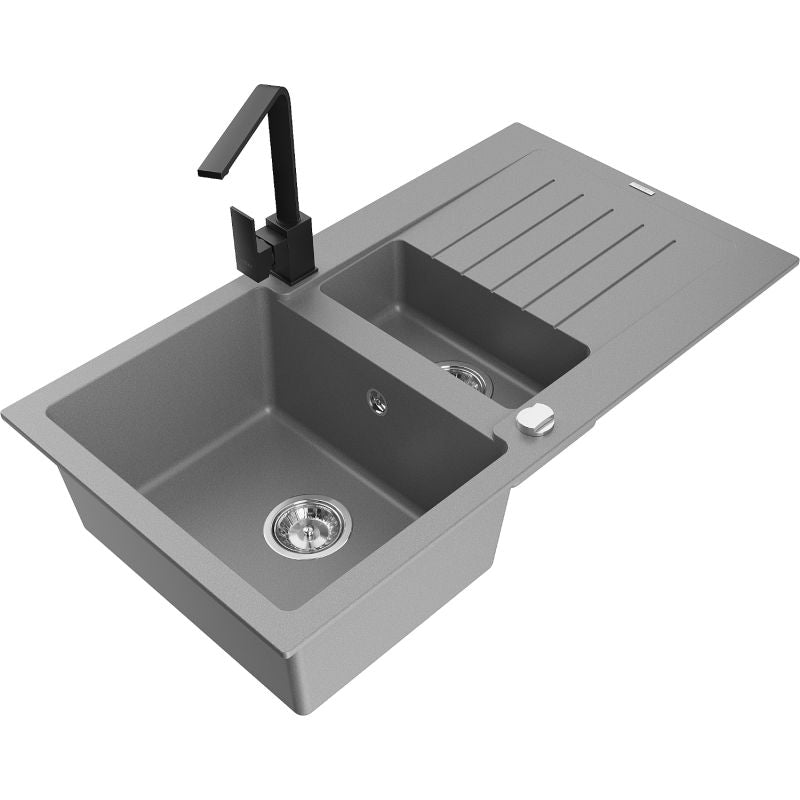 Mexen Matias granitvask 1,5-kammer med afløbsplade og Rita køkkenarmatur, grå, 1 sæt