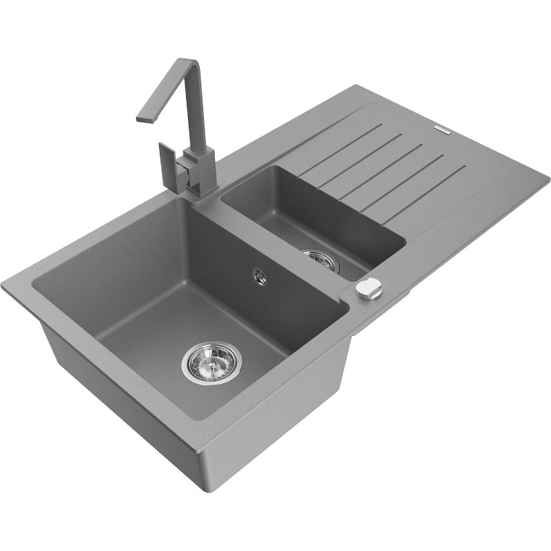 Mexen Matias granitvask 1,5-kammers med afløbsplade og Rita køkkenarmatur i grå, 1 sæt