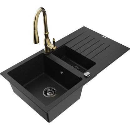Granitsænke 1,5-kammer Mexen Matias med afløbsplade og Savita køkkenarmatur i sort, 1 sæt