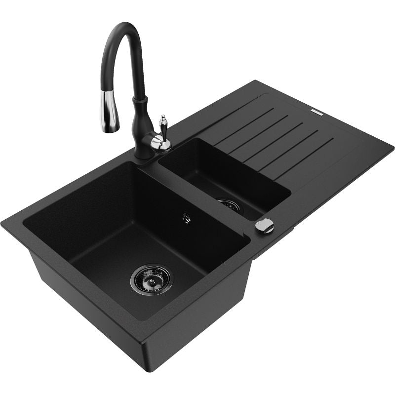 Mexen Matias granitvask 1,5-kammer med afløbsbakke og Savita køkkenarmatur i sort, 1 sæt