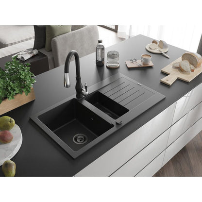 Mexen Matias granitvask 1,5-kammer med afløbsbakke og Savita køkkenarmatur i sort, 1 sæt