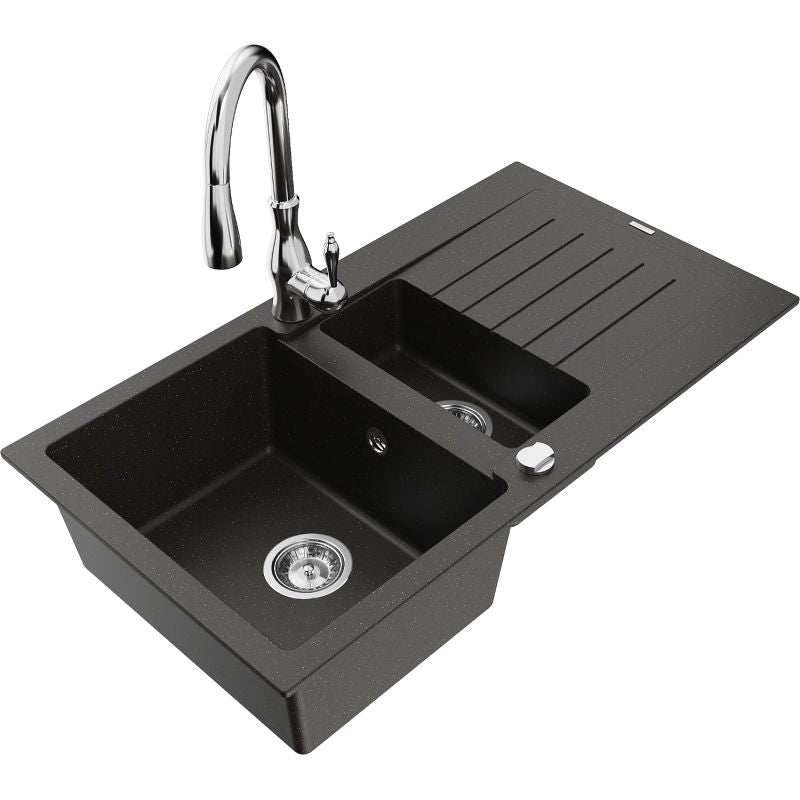 Mexen Matias granitvask 1,5-kammer med afløbsbakke og Savita køkkenarmatur i sort/guld, 1 sæt