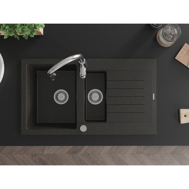 Mexen Matias granitvask 1,5-kammer med afløbsbakke og Savita køkkenarmatur i sort/guld, 1 sæt