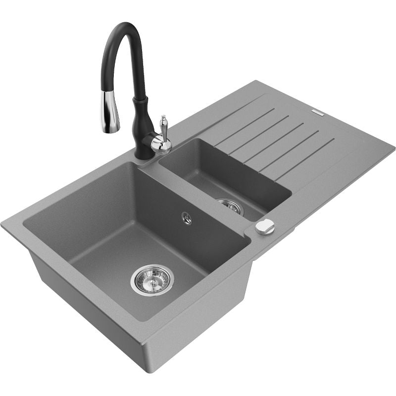 Mexen Matias granitvask 1,5-kammer med afløbsplade og Savita køkkenarmatur i grå, 1 sæt