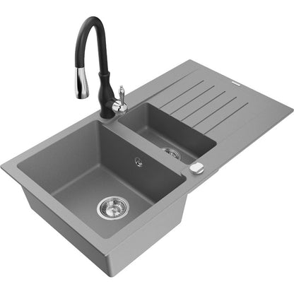 Mexen Matias granitvask 1,5-kammer med afløbsplade og Savita køkkenarmatur i grå, 1 sæt