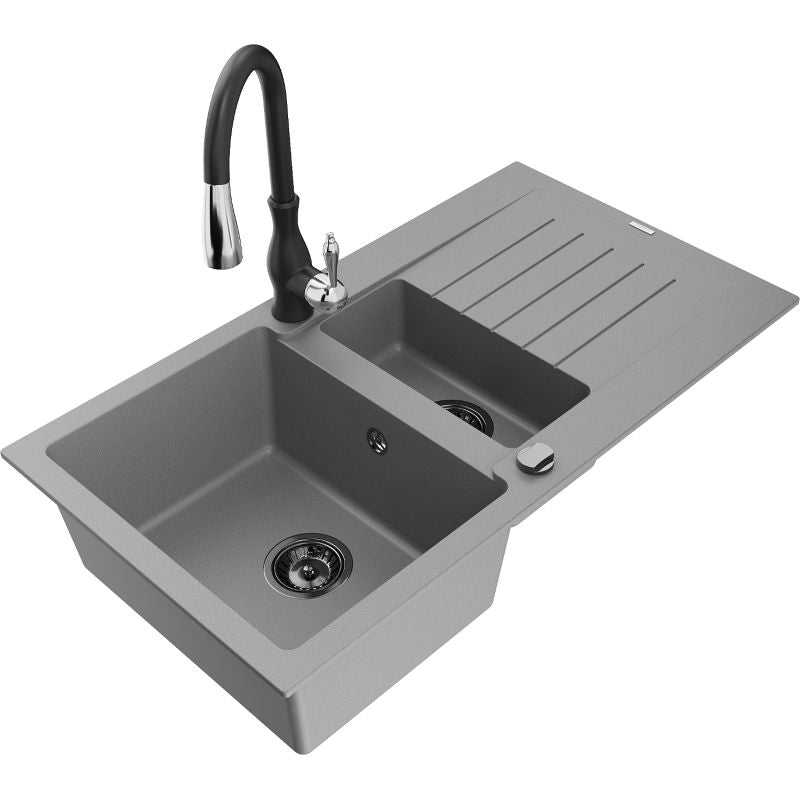 Mexen Matias granitvask 1,5-kammer med afløbsplade og Savita køkkenarmatur, grå, 1 sæt