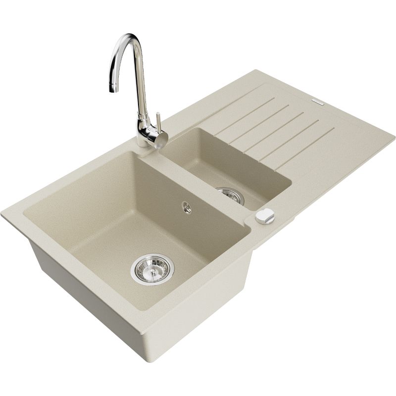 Granitsænke 1,5-kammer Mexen Matias med afløbsplade og Telma køkkenarmatur i beige, 1 sæt