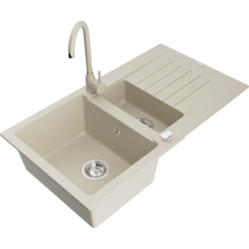 Granitsænke 1,5-kammer Mexen Matias med afløbsplade og Telma køkkenarmatur i beige, 1 sæt