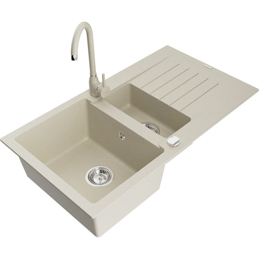 Granitsænke 1,5-kammer Mexen Matias med afløbsplade og Telma køkkenarmatur i beige, 1 sæt