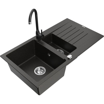 Mexen Matias granitsænke 1,5-kammer med afløbsplade og Telma køkkenarmatur i sort/guld, 1 sæt