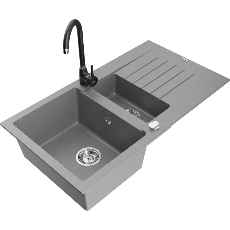 Mexen Matias 1,5-kammers granitvask med afløb og Telma køkkenarmatur i grå – komplet sæt