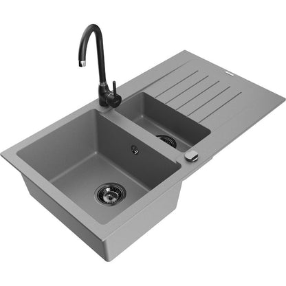 Mexen Matias granitvask 1,5-kammer med afløbsplade og Telma køkkenarmatur i grå, 1 sæt